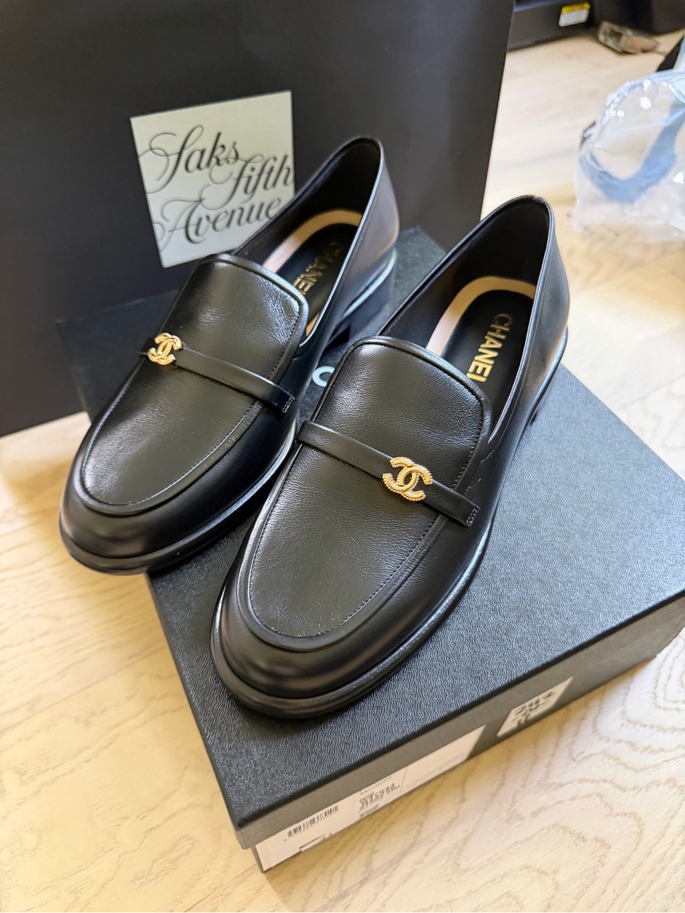 CHANEL Black Leather Women’s Loafers with Gold CC Hardware